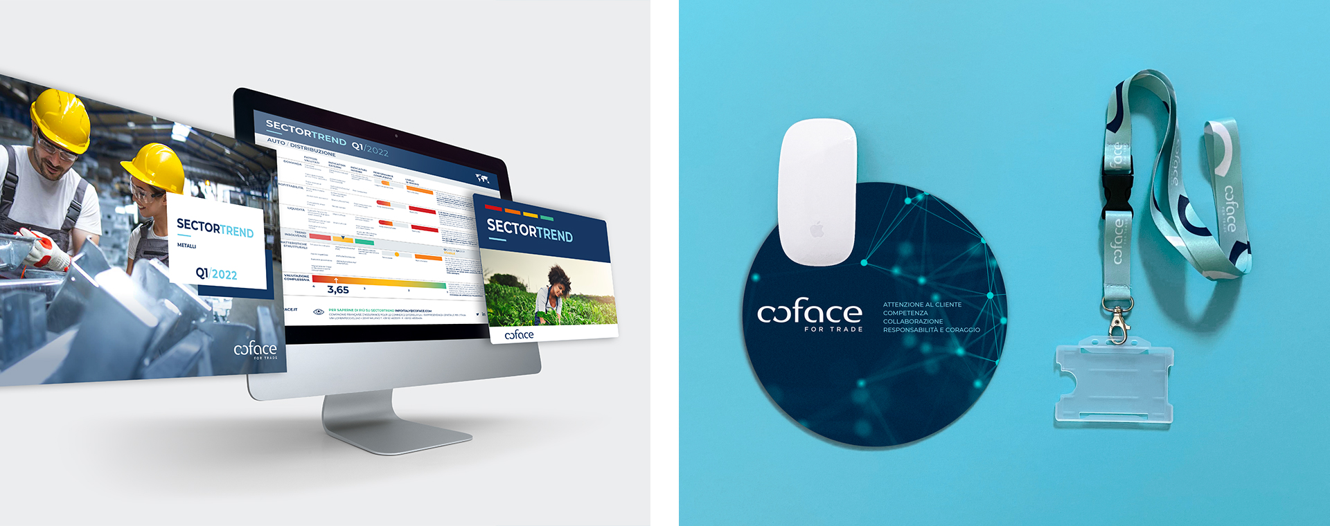 Coface, visual di comunicazione ed elementi di merchandising aziendale